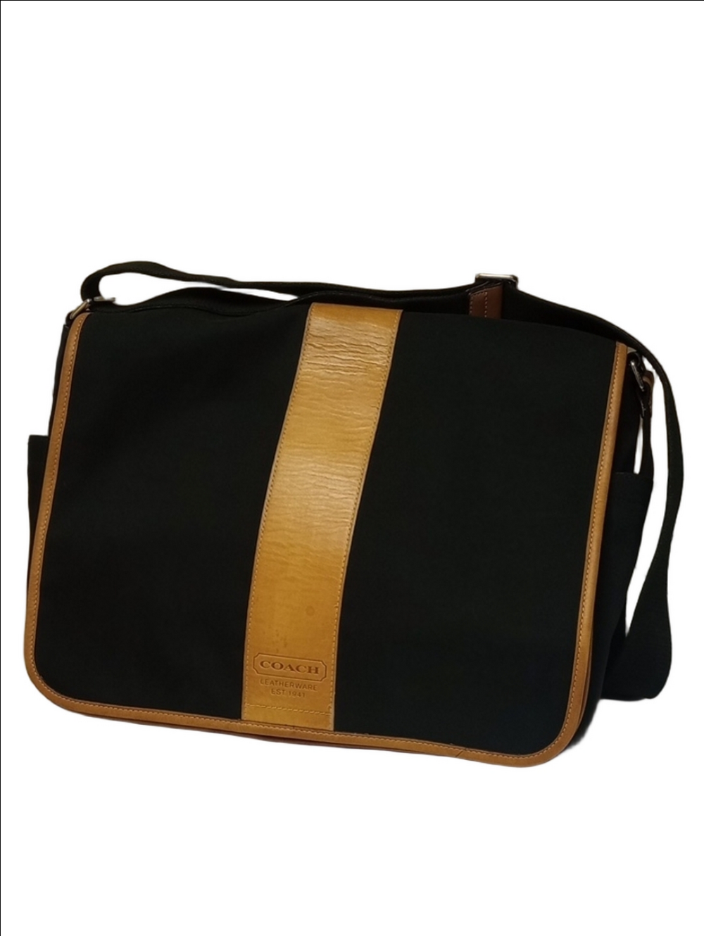 COACH "HUDSON" MESSENGER LAPTOP BUSINESS TRAVEL BLACK BAG WITH TAN LEATHER TRIM - Picture 1 of 16